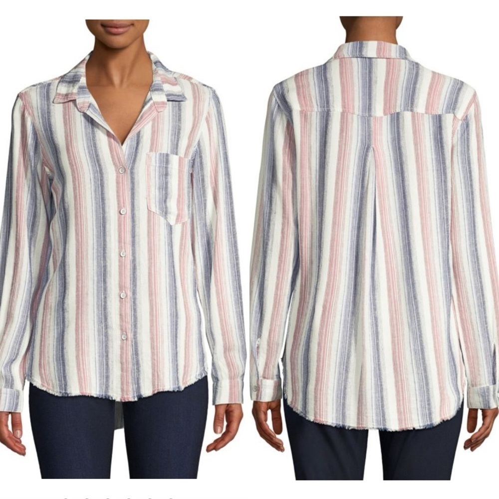 Bella Dahl Striped Linen-Blend Collared Blouse Button Up Blue Pink Size Large